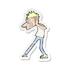 retro distressed sticker of a cartoon man panicking