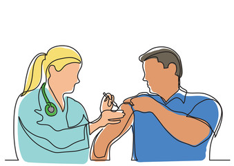 continuous line drawing of doctor making vaccination shot to man