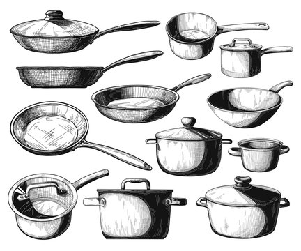 Set of frying pan and different pots isolated on white background. Vector