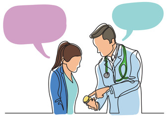 Fototapeta premium continuous line drawing of doctor and patient talking about medication