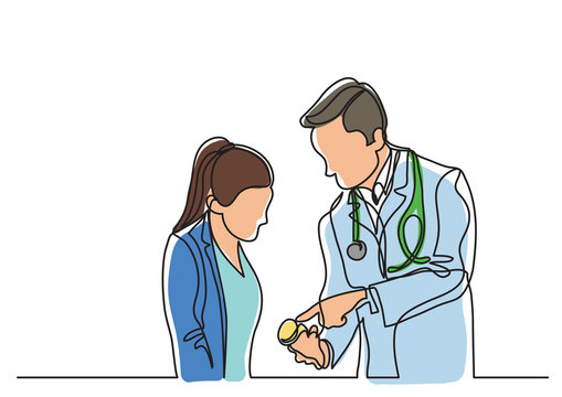 continuous line drawing of doctor and patient talking about medication