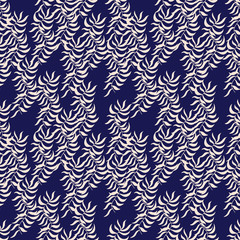 Abstract floral seamless texture with light coloured leaves of palm tree on dark blue background. Hand drawn shape branches. Cute surface pattern design textile. Wallpaper, fabric templates. 