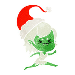 annoyed retro cartoon of a vampire girl wearing santa hat