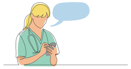 one line vector drawing of hospital nurse checking her mobile phone