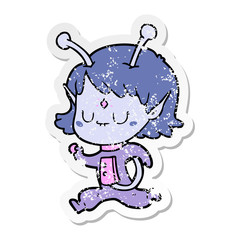 distressed sticker of a cartoon alien girl