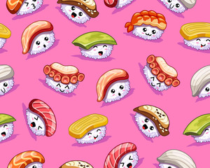 Vector kawaii seamless pattern. Cartoon sushi with cute emotions on pink background. In kawaii style. Tasty japanese food. Icons with tuna, salmon, eel, avocado, omelette, octopus, shrimp