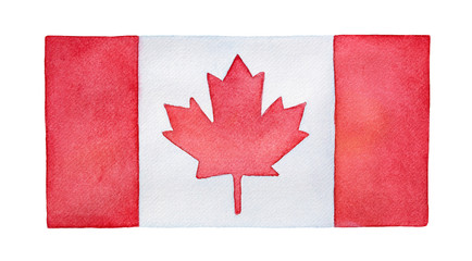 Watercolor flag of Canada. Country icon and beautiful graphic detail to decorate national holidays celebration. Handdrawn water colour sketchy painting on white backdrop, cut out clip art element.