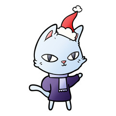 gradient cartoon of a cat staring wearing santa hat