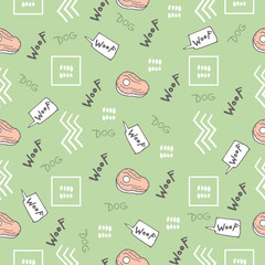 Hand doodle seamless pattern with steak, dogs woof and abstract elements. Vector textile, wrapping, print fabric, background. Cute surface design, vector illustration