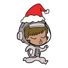 line drawing of a pretty astronaut girl running wearing santa hat