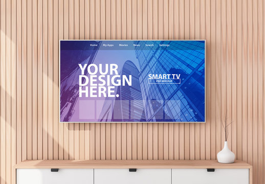 Smart TV on Wooden Wall Mockup