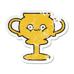 distressed sticker of a cute cartoon trophy