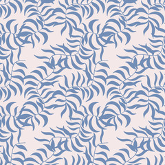 Abstract floral seamless texture with blue leaves of palm tree on pink grey background. Hand drawn shape branches. Cute surface pattern design textile. Wallpaper, wrapping templates. 