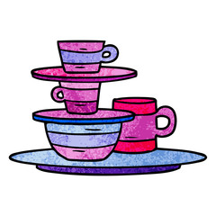textured cartoon doodle of colourful bowls and plates