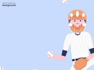 Vector Illustration. Baseball cartoon character in flat style. Baseball player with glove and ball in helmet. Sport activity background with ball