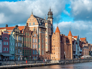 Fototapeta premium Waterfront promenade in Gdansk alongside Motlawa River, old town, very popular tourist location.