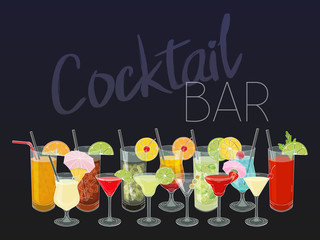 Hand drawn cocktails. Cocktail bar menu. On dark background. Vector illustration.