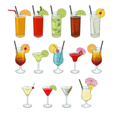 Big collection of cocktails. Daiquiri, Mojito, Pina colada, Margarita, beach sex, Martini, bloody Mary. vector illustration. isolated objects.