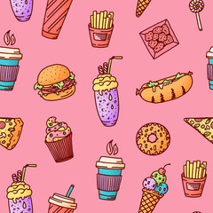 Seamless pattern. Vintage illustration with fast food doodle elements on background for concept design, menu. illustration for any purposes.