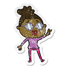 distressed sticker of a cartoon woman making peace sign