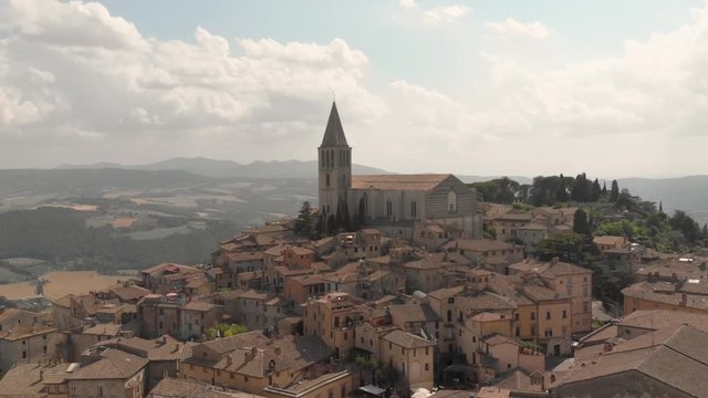 The Beautiful old Italian Hillside town of Todi,  Aerial shot of Italian countryside in Umbria, Perugia,