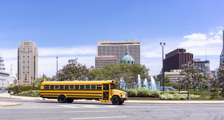 A school bus in the roundabout.