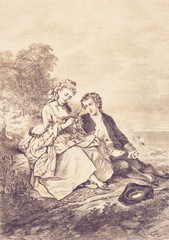 Fototapeta na wymiar The lovers on the meadow in summer - Illustration, Germany, 1870-1879, 18th Century Style, 19th Century, 19th Century Style