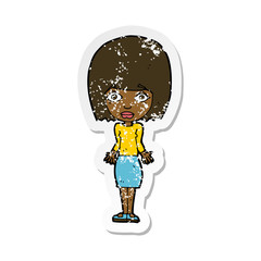 retro distressed sticker of a cartoon woman shrugging shoulders