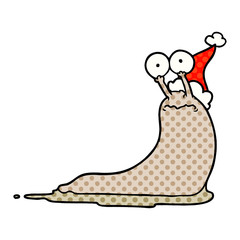 comic book style illustration of a slug wearing santa hat