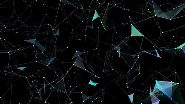 Abstract 3d background. Render of complex plexus structure with bright glow dots. Triangles and lines geometry. Seamless loop. 4k.