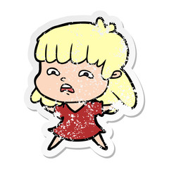 distressed sticker of a cartoon worried woman