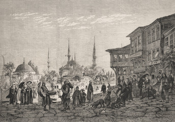The mosque Sultan Achmed I. and street life in Konstantinopel. - Illustration, Istanbul, Turkey - Middle East, 1870-1879, 19th Century, 19th Century Style