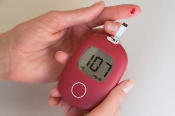 Woman sick on diabetes, is checking her glucose level.