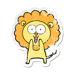 distressed sticker of a happy cartoon lion