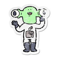 distressed sticker of a friendly cartoon alien waving