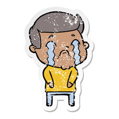 distressed sticker of a cartoon man crying