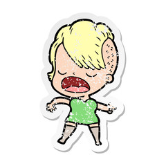 distressed sticker of a cartoon cool hipster girl talking