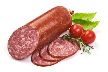 Cold Salami, Smoked sausage with slices, herbs and tomatoes, isolated on white background. Close-up