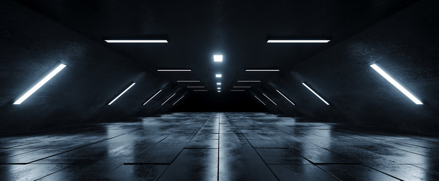 Sci Fi Futuristic Alien Spaceship  Dark Empty Grunge Concrete Reflective Tiled Floor And White Blue Glowing Led Lights Studio Hall Corridor Tunnel 3D Rendering