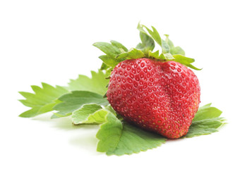 Red strawberry with leaves.