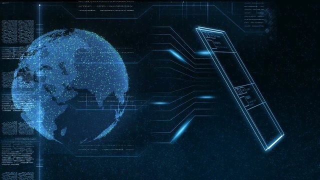 Blue computer grapic meta data texting with global connect to the earth social network and electronic signal link to future hologram rotating smartphone technology display on black isolate background