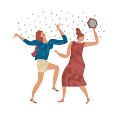 Dancing women welcome the rain. Hand drawn vector illustration in flat colors on white background.