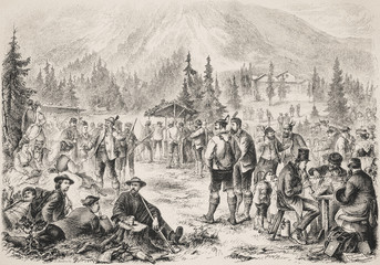 The hunters' meeting on a meadow near Mittenwald in Upper Bavaria. - Illustration,  Bavaria, Germany, Mittenwald, 1870-1879, 19th Century