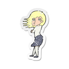 retro distressed sticker of a cartoon woman making photo face