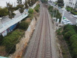 Railway to train station of Sitges. Barcelona. Spain. Aerial view