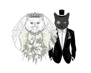 White persian cat bride in wedding dress with bridal bouquet and black cat groom in classy tuxedo. Animal anthropomorphic characters. for save the date wedding party design.
