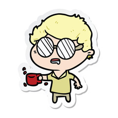 sticker of a cartoon man with cup of coffee