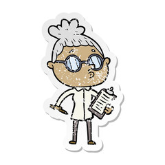 distressed sticker of a cartoon woman wearing glasses
