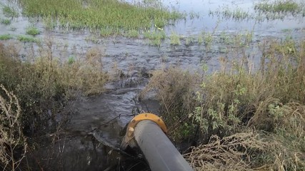 Pipeline for delivery of sapropel in the form of pulp to the shore to the place of dehydration and storage. Place alluvium sapropel in open warehouses. Dirty water flows from a large pipe.