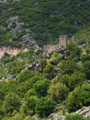 Fototapeta na wymiar Stone tower ruins on a steep rocky cliff with trees in Mani, Greece.
